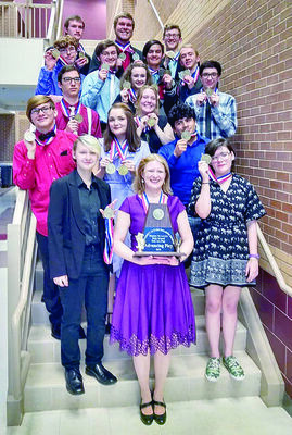 Courtesy photo
The Talon Point Players, with Rusk High School Theater Arts/English IV teacher and director Catherine Gaertner (front, center) show off their medals and the bi-District award they recently won for their UIL One-Act Play, ‘Terra Nova.’