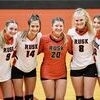Teammates (from left) Colleen Dover (#9), Carson Trawick (#14), Emi Etheridge (#20), Callie Lynn (#8) and Makayla Dowling (#3) comprise senior members of the Lady Eagles volleyball squad. 

Photo by Jessica Payne